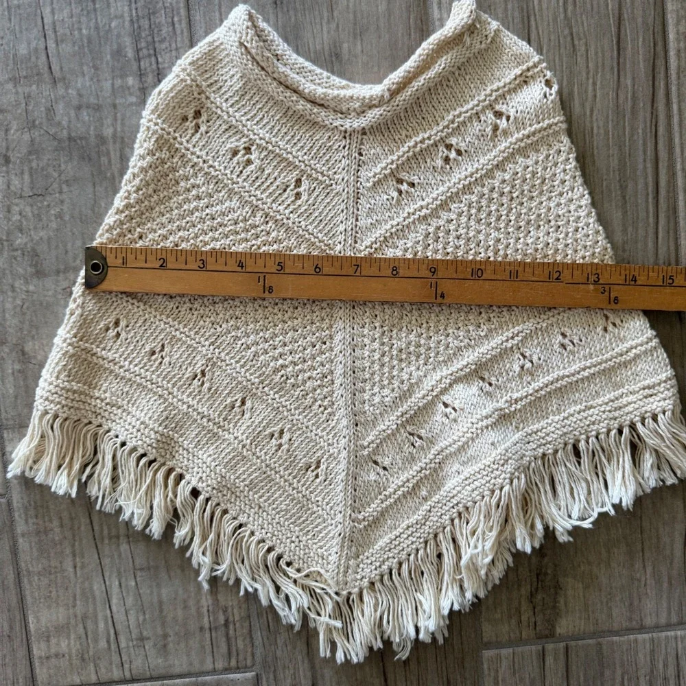 Empress Baby Organic Cotton Hand Knit Poncho Cream Fringe Pointelle 9-12 Months